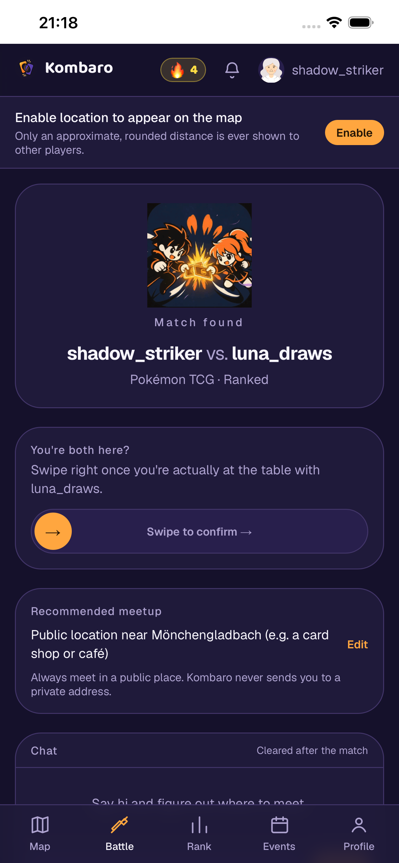 Match found screen with a recommended public meeting spot