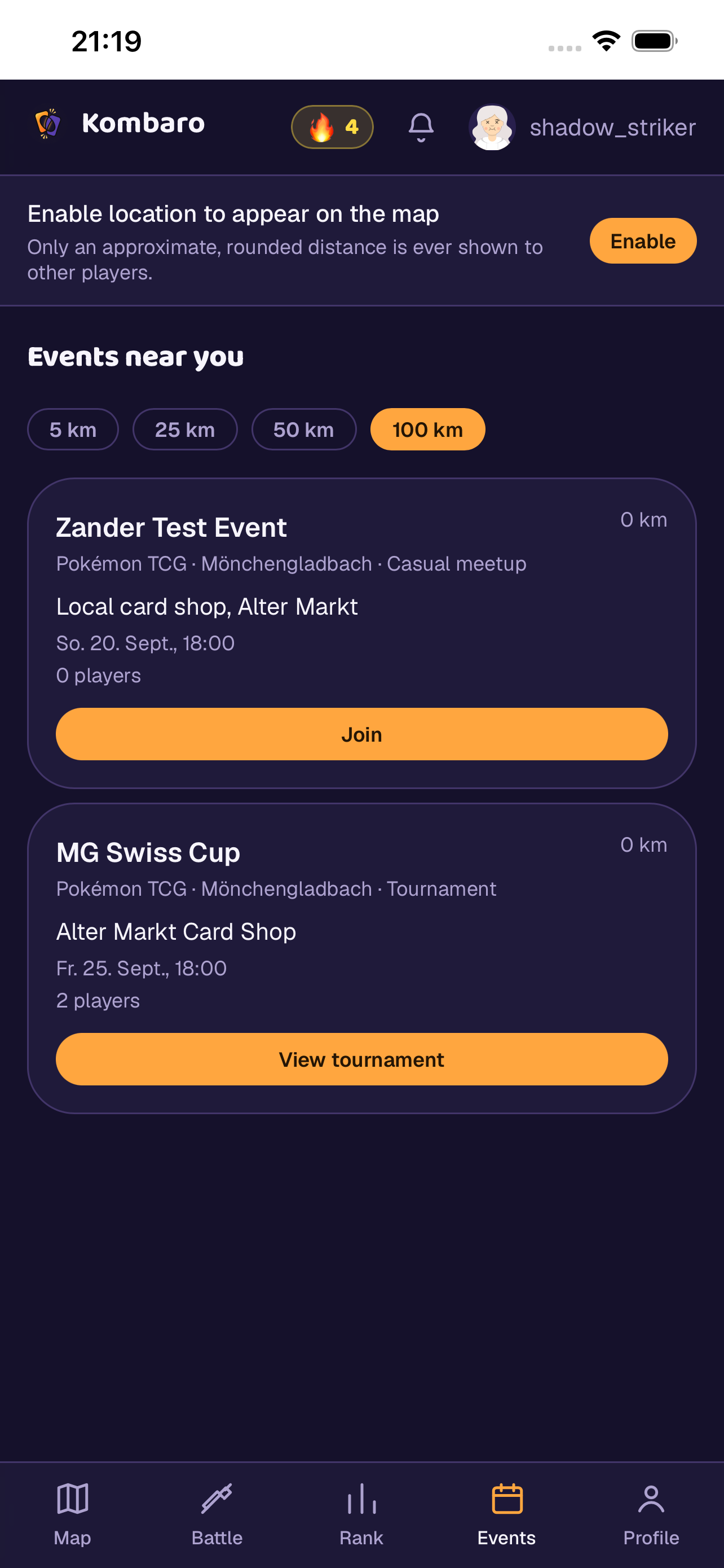 Local events and tournaments near you