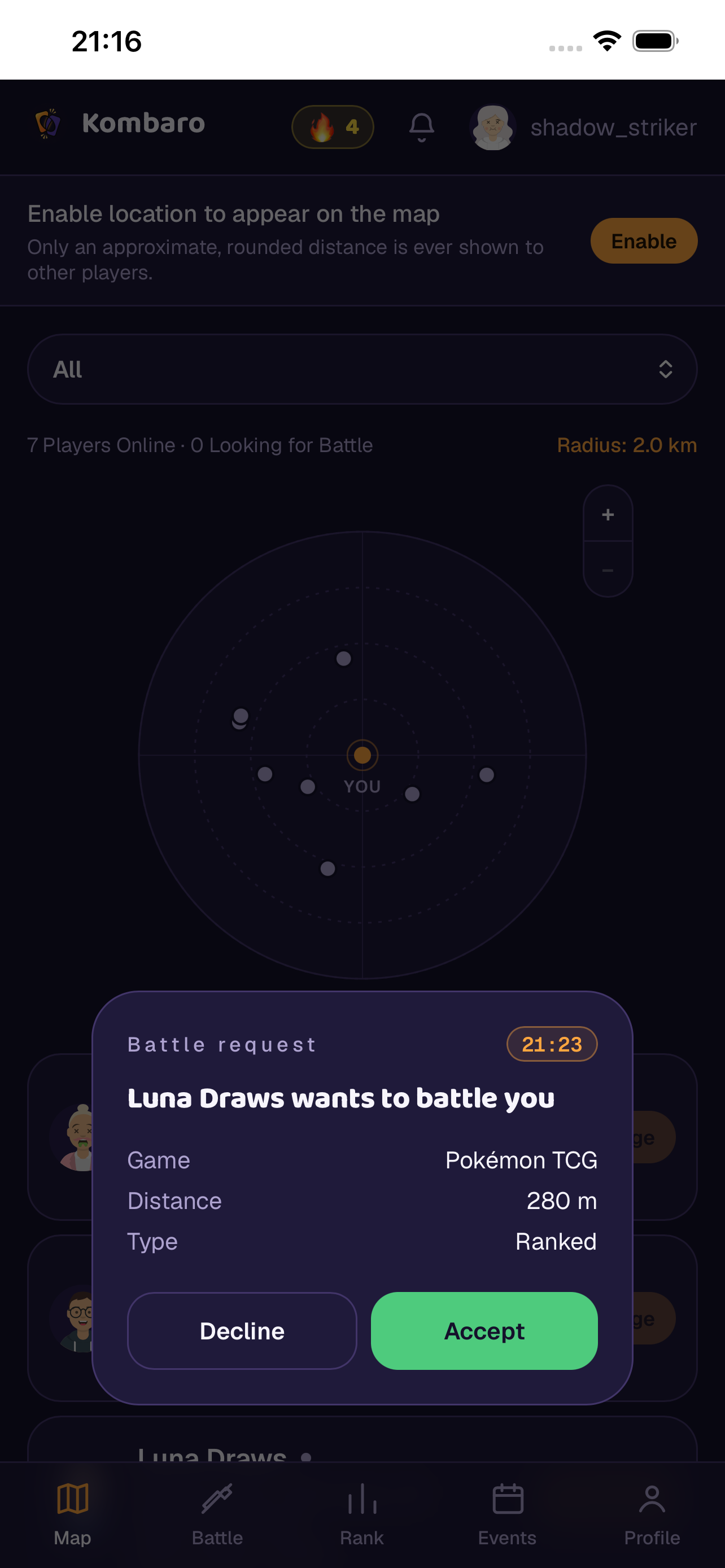 Map screen showing nearby players and an incoming battle request